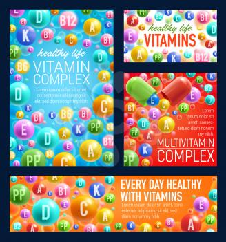 Vitamin pills, healthy life or pharmacy vecotr. Multivitamin complex of A, B or C and D o PP acids vitamin capsules, diet, nutrition and dietary supplement