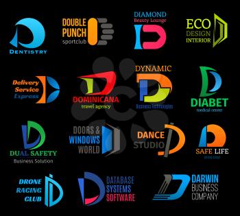 Letter D corporate identity icons. Business and medicine, sport and dentistry, database and design, delivery and traveling. Building goods and dancing, racing and technologies vector isolated
