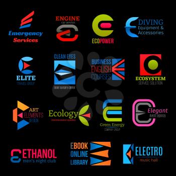 Letter E trend modern icons for business company, service center or entertainment club. Vector E symbols for medical emergency, eco power and energy, car garage and diving sport or music hall