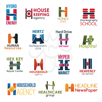 Corporate identity letter H business icons. Vector energy and housework, cafe and hobby, hiring, technology and software, medicine. Repair and cleaning, shopping and transport, health and typography