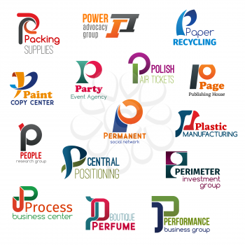 Corporate identity letter P business icons. Vector supply and jurisprudence, ecology and typography, entertainment and transportation. Internet and manufacturing, science and finance, perfumery