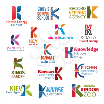 Corporate identity letter K business icons. Vector energy and education, record and sport, travel and sailing, knowledge and gardening. Decorating and event, entertainment and production, zoology,