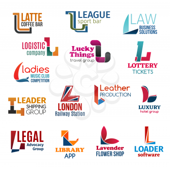 Corporate identity letter L business icons. Vector drink and sport, jurisprudence and logistic, travel and gambling. Shipping and transportation, production and recreation, advocacy and technology