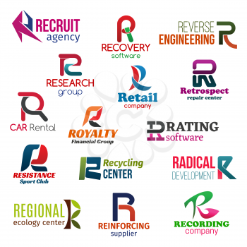 Corporate identity letter R business icons. Vector hiring, software and engineering, science and retail, repair, transport and finance, technology and sport, ecology and development, environment