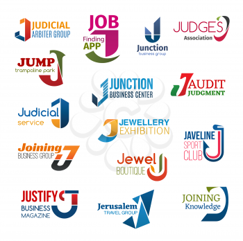 Corporate identity letter J business icons. Jurisprudence and job, entertainment and audit, jewellery and sport, fashion and typography, travel and education. Vector emblems, signs and symbols