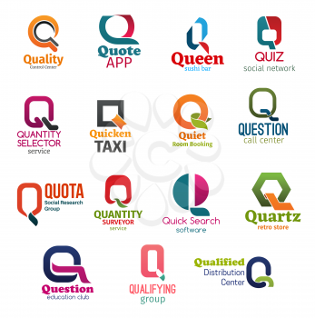 Corporate identity letter Q business icons. Technology and food, Internet and booking, support and research, software and shopping, education and distribution. Vector emblems, signs and symbols