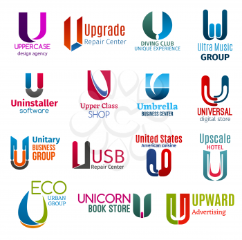 Corporate identity letter U business icons. Vector repair and hobby, music, software and shopping, technology, food and recreation, ecology and education, advertising. Vector emblems, signs or symbols