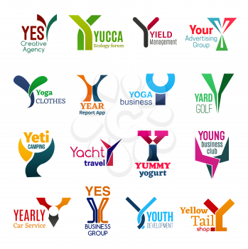 Corporate identity letter Y business icons. Vector agency and ecology, management and advertising, fashion, technology and sport. Camping, travel and food, entrepreneurship and transport, shopping