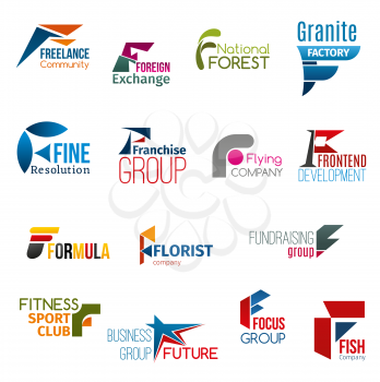 Corporate identity letter F business icons. Work or education, environment, production and marketing, finance, development, cosmetics and floristry, sport and seafood. Vector emblems, signs or symbols
