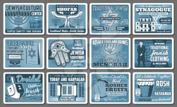 Judaism religion, Jewish culture and Israel tradition posters. Vector Hanukkah Menorah, David Star or Torah and rabbi priest, Jewish religious community synagogue and Hamsa hand amulet