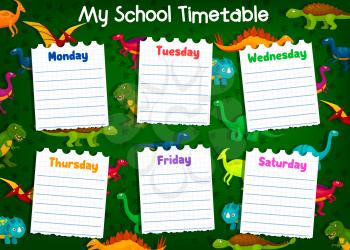 School timetable and weekly schedule vector template. Student lesson plans with cute cartoon dinosaurs and dino tracks on background. Education design