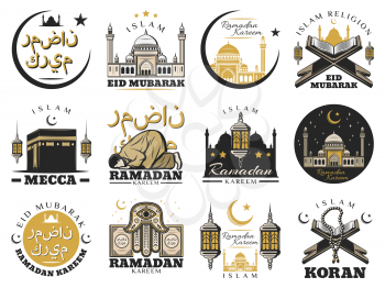 Islam muslim religion and arabic culture isolated symbols. Vector Ramadam Kareem holiday and Mecca Kaaba mosque, crescent moon and star. Lantern and Holy Quran, hamsa hand and arabic calligraphy