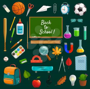 Stationary studying items and back to school lettering on blackboard. Vector physical training lessons equipment, chemistry tubes, physics magnets and magnifier. Backpack and apple, autumn leaves