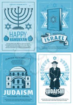 Judaism religion and Israel synagogue, Jewish culture and tradition posters. Vector Hanukkah Menorah, David Star or Torah and rabbi priest of Jewish religious community