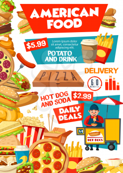 American fast food restaurant and street food cart vector design. Hamburger, hot dog and pizza, fries, soda and chicken nuggets, coffee, popcorn and cheese sandwich, takeaway junk snacks menu