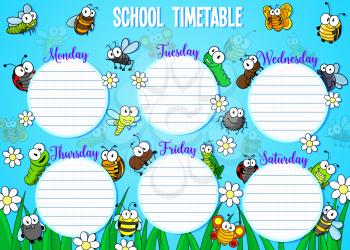 Weekly calendar with days and cartoon funny bugs. Vector school timetable or schedule with cute flying insects, flowers and grass. Educational time table and beetles, working day of week, empty space