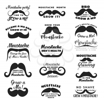 Black moustache or mustache vector icons with prostate cancer awareness and men health month in November lettering quotes. Men disease prevention campaign emblems or charity event signs design