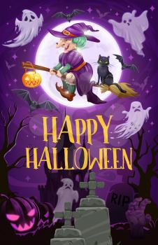 Halloween witch flying on broom vector design of sorceress with broomstick, black cat and pumpkin lantern, ghosts, bats and full moon, cemetery and zombie hand. Horror party invitation