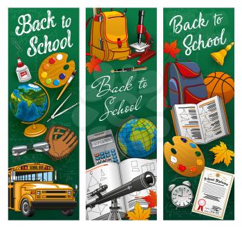Back to School banners, student supplies and classes items on chalkboard background. Vector back to school stationery, pen and pencil with school bag and bus, microscope and telescope