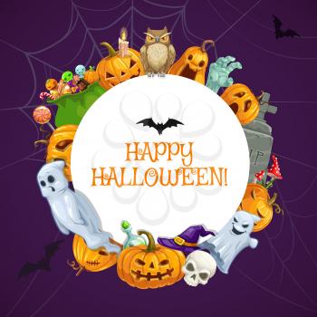 Halloween monsters, horror night party scary ghosts and spooky zombie. Vector Happy Halloween trick or treat holiday pumpkin lantern, witch hat and cemetery tombstone, candles and sweets in spider web