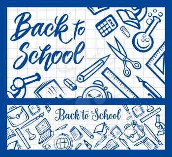 Back to School checkered notebook pattern with education stationery supplies. Vector Back to School poster of student bag, study books, pens and pencils, microscope or laptop computer and paint brush