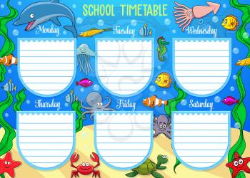 Schedule on whole week with underwater cartoon animals. Vector school timetable with dolphins and starfish, crab and jellyfish. Monday, Tuesday, Wednesday and Thursday, Friday and Saturday days
