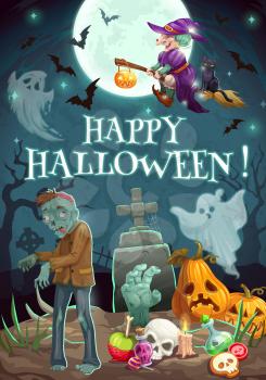 Happy Halloween lettering and night of horrors. Vector full moon and witch on broom, zombie ghosts, gravestone and bats. Skull and pumpkins lanterns, burning candle and potion, sweets trick or treat