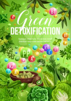 Green day color diet with vegetarian, cleansing and detox food, healthy nutrition theme. Natural vegetables, fruits and berries, salad leaves, herbs and spices with pills and vitamin