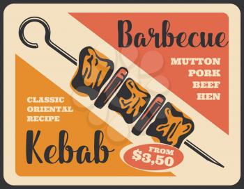 Kebab barbecue retro poster, grilled meat on skewer. Shish kebab with beef, pork and vegetables. Bbq restaurant menu and turkish cuisine meat dish