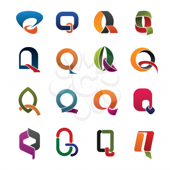 Letter Q abstract icons of corporate identity, business elements. Colorful ribbons, curved lines and geometric figures in a shape of alphabet symbol q
