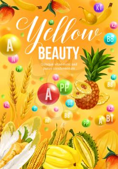 Color diet poster with yellow food ingredients and vitamin supplements. Corn vegetable, tropical mango, carambola and peach, banana and pineapple, wheat and cereal. Healthy nutrition and dieting theme