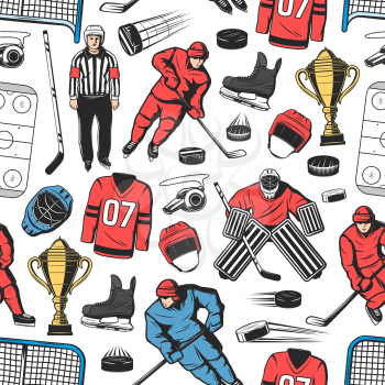 Ice hockey seamless pattern background with players on rink. Forward with puck, stick and skate, helmet, gate and goalkeeper, whistle, goalie mask and referee. Winter sport theme