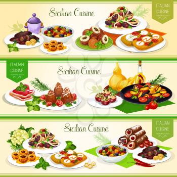 Sicilian cuisine banners for italian restaurant menu design. Vegetable pasta, tomato cheese bruschetta and beef roll, stuffed tomato, fruit dessert and cannoli with cream, mussels and eggplant stew