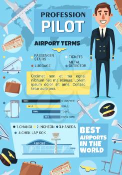 Pilot profession with airport infographics. Graph of world best airports and chart of air travel terms with airplane, crew captain, tickets, passport and luggage cartoon icons