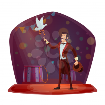 Magician conjured pigeon out of magical hat. Illusionist performing tricks with white dove bird on chapiteau circus stage. Magic show, imagination invitation flyer or poster