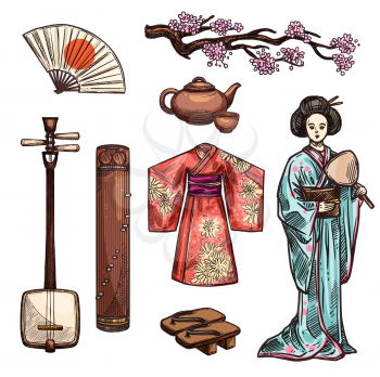 Japanese symbols with asian culture and art icons. Sakura flowers, geisha with fan and tea ceremony set, kimono, wooden shoes geta, musical instruments shamisen and koto sketches, isolated vector
