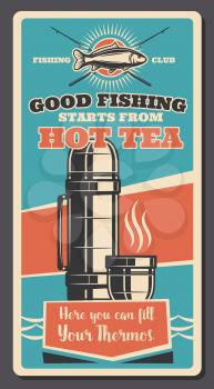 Fishing sport retro banner of fisherman club. Fish, fishing rod and hot tea thermos bottle vintage poster with waves of lake and sun rays
