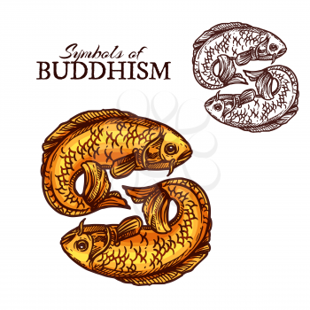Buddhism religion symbols with fish symbolic attribute. Pair of golden fish or carp sketch symbolise auspiciousness and represented sacred rivers. Religion theme vector elements