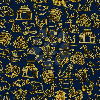 Chinese seamless pattern background with zodiac animals and holiday symbols. Dragon, pig and dog, temple and noodles, spring festival firecracker, lucky coin and carp fish, rooster, monkey and snake