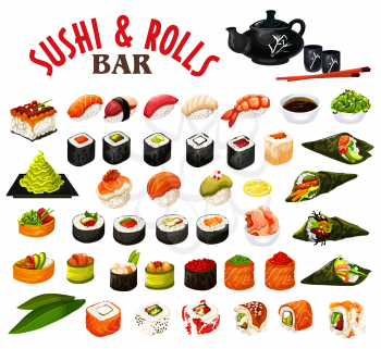 Sushi and rolls of japanese seafood with sauce and chopsticks. Vector roll, uramaki and inari, nigiri and gunkan, temaki sushi with salmon fish, rice and shrimp, seaweed nori, tuna, caviar and avocado