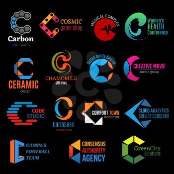Bright letter C icons of sport, health and medicine, ecology, travel and retail, IT technology and finance business identity design. Corporate identity for business card and emblem design