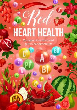 Red color diet, heart health poster with vitamins, vegetables, fruits and vegetarian food. Strawberry, pepper and tomato, watermelon, cherry and currant, dragon fruit, barberry and cranberry