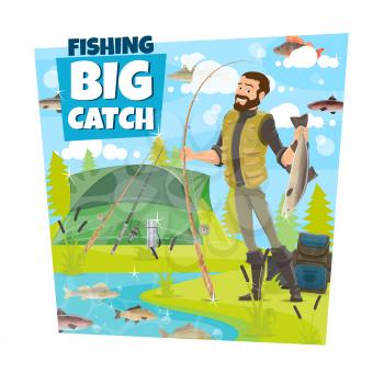 Fisherman with big catch of fish, fishing outdoor sport or hobby. Fisher with fishing rod, spinning and tent on river or lake with salmon, pike and perch, trout and bream