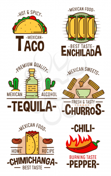Mexican food and drink icons. Fast food tacos, enchilada and fried burrito chimichanga, chili pepper, sweet cookie churros and tequila alcohol bottle. Fastfood restaurant and cafe symbols