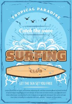 Surfing sport retro poster, summer beach surf club. Tropical ocean waves with surfboard, sunset and birds vintage banner. Summer surf trip advertising