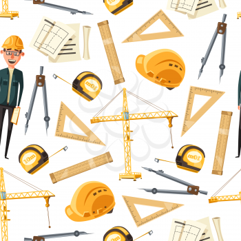 Engineer tools background. Vector seamless pattern of architect, drawings of construction project and ruler, tape measure, compasses, hard hat and crane. Construction engineering theme design