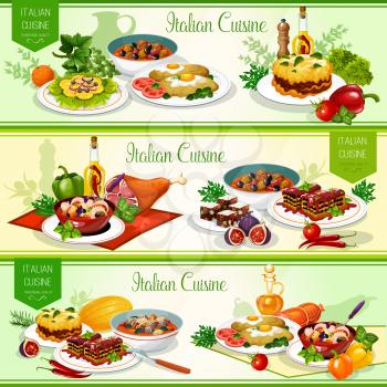 Italian national cuisine restaurant menu, vector. Lasagna pasta with tomato sauce and meat, seafood salad, beef olive stew and bean soup with cheese, dried fruit dessert and turkey milanese