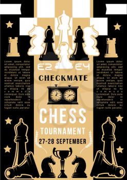 Chess tournament, strategy board game competition. Vector chessboard with chess pieces of black and white knight, pawn and bishop, rook, queen and king, winner trophy cup and clock