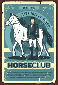 Horse racing sport vector poster, jockey with racehorse on hippodrome. Thoroughbred stallion animal and rider, equestrian competition or horse club retro banner design