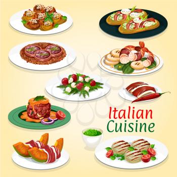 Italian cuisine gourmet food of grilled meat, tomato cheese salad and beef tartare. Focaccia bread with veggies and ham, prosciutto and meatball, pork sausage and shrimp salad, restaurant menu